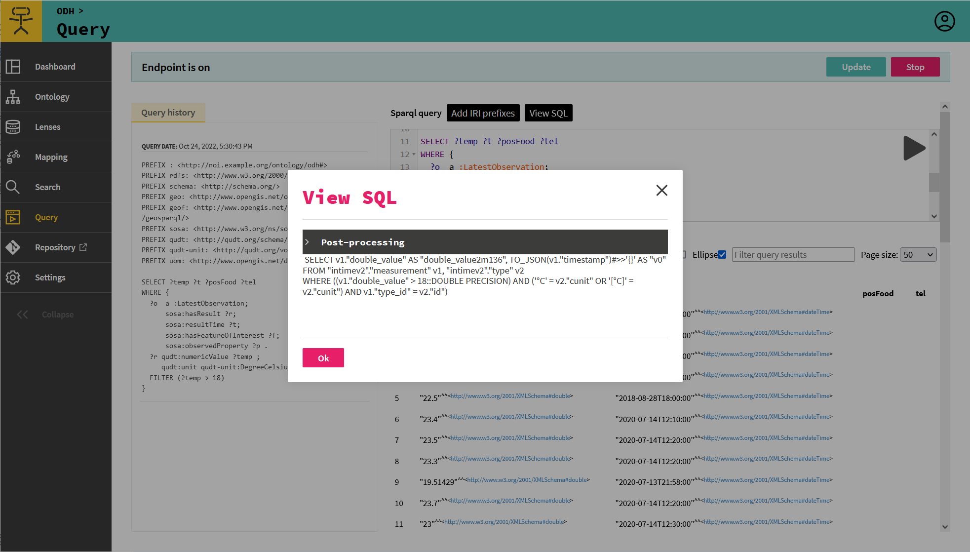 Screenshot of Ontopic Studio showing the SPARQL console for querying the integrated data