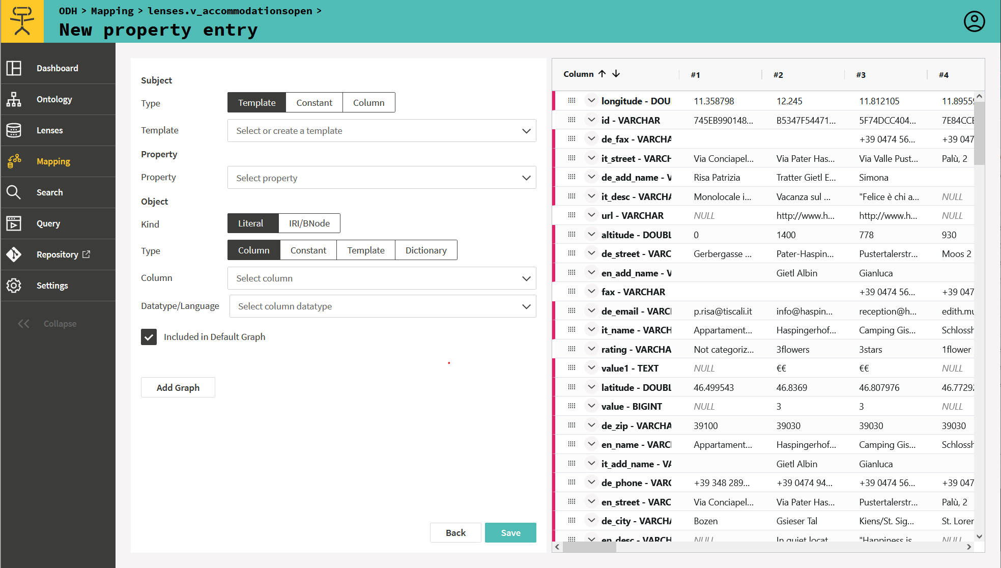 Screenshot of Ontopic Studio while creating a new property in the data model