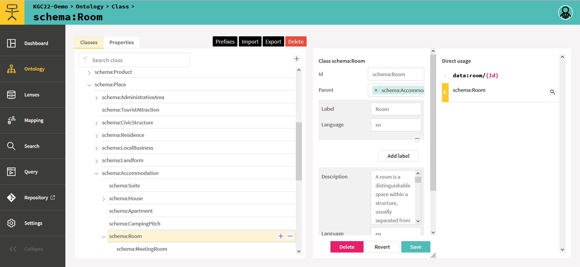 Screenshot of Ontopic Studio while mapping a class to data in the relational data base