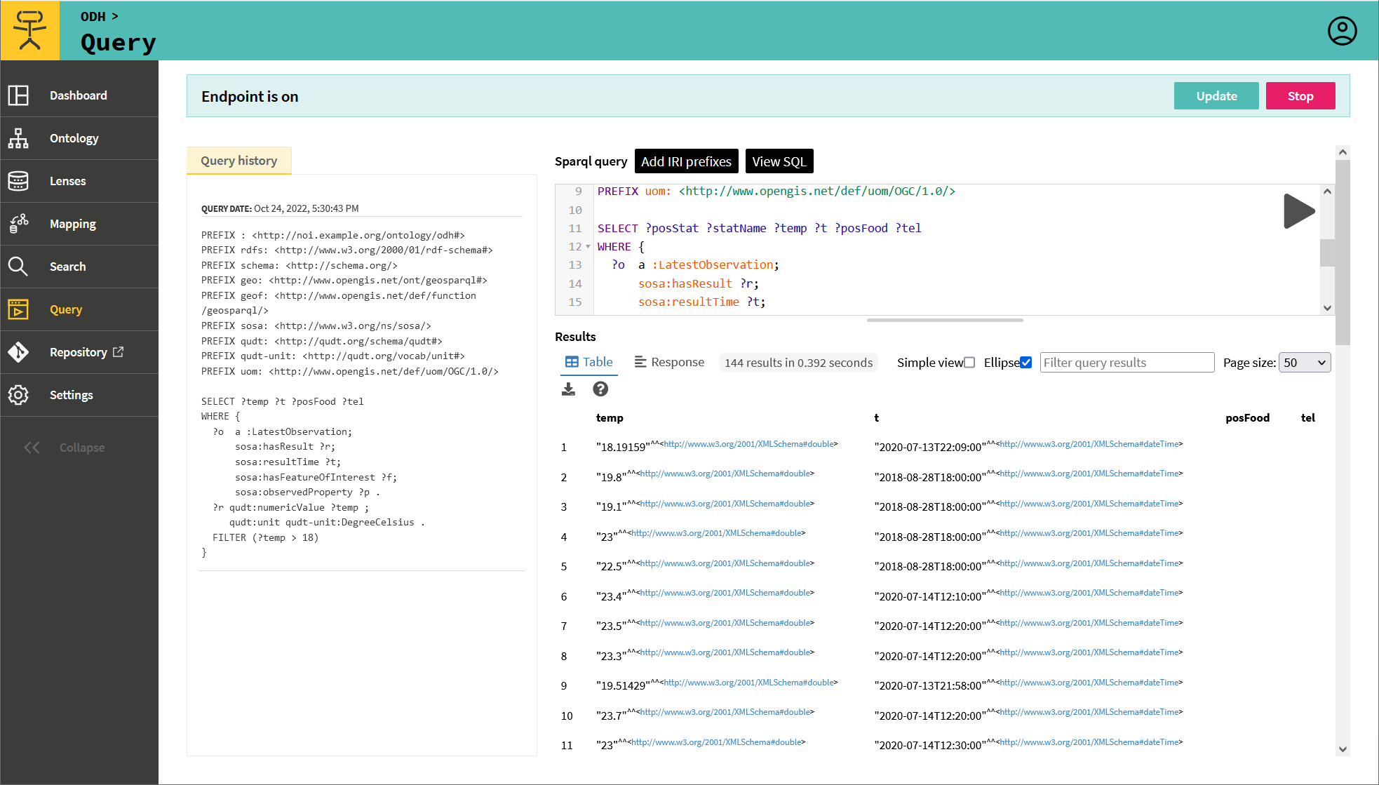 Screenshot of the built-in SPARQL query console of Ontopic Studio
